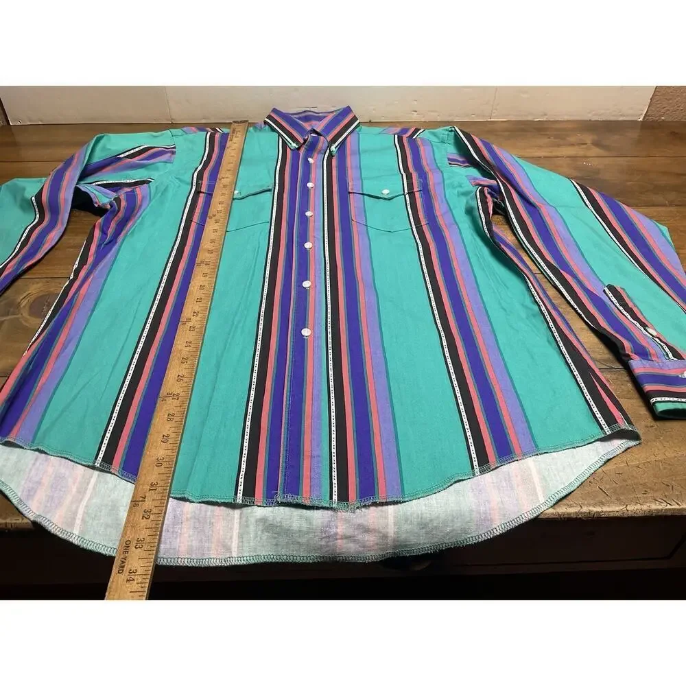 Vintage Wrangler Brushpopper Western Striped Button Up X-Long Tails 17x36 USA